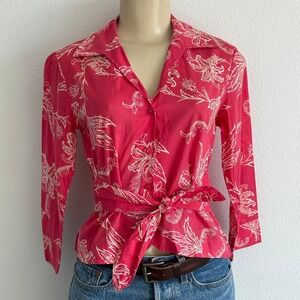 nthropologie Odille Blouse Pink Floral Cottagecore Tie Front Button Up Top Retro